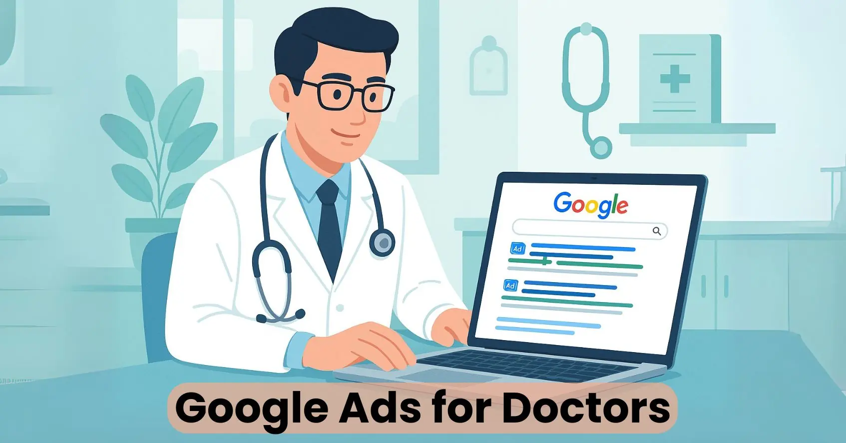 illustration of doctor focusing on google ads to generate more footcalls and inquires to thier clinic